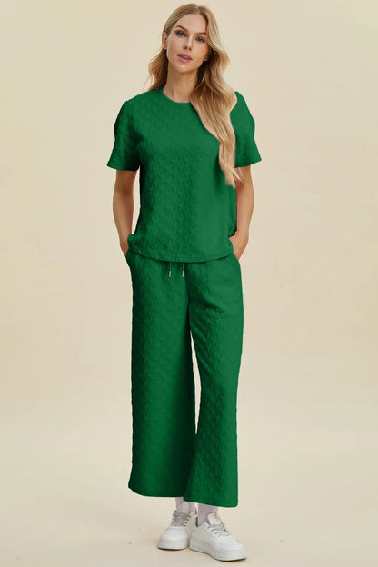 Double Take Full Size Texture Round Neck Short Sleeve Top and Pants Set - MegaSuperStar