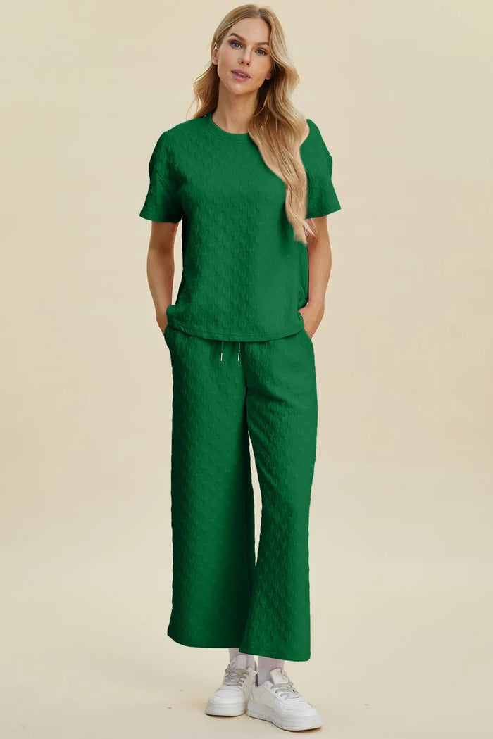 💕 Double Take Texture Top and Pants Set - Full Size Round Neck Short Sleeve Outfit 💕