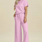 Double Take Full Size Texture Round Neck Short Sleeve Top and Pants Set - MegaSuperStar