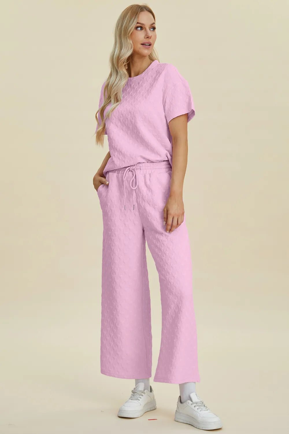 Double Take Full Size Texture Round Neck Short Sleeve Top and Pants Set - MegaSuperStar