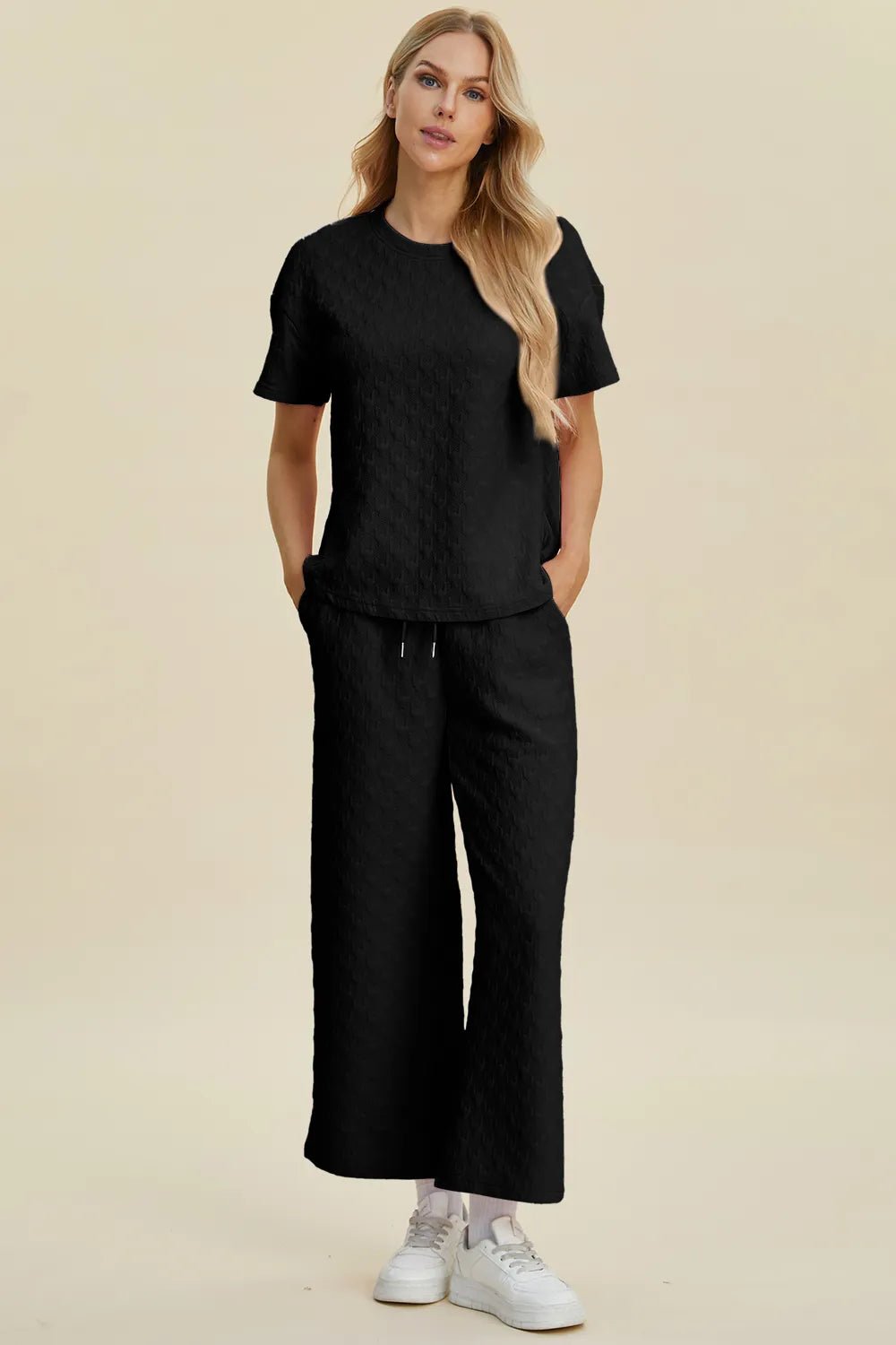 Double Take Full Size Texture Round Neck Short Sleeve Top and Pants Set - MegaSuperStar