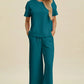 Double Take Full Size Texture Round Neck Short Sleeve Top and Pants Set - MegaSuperStar
