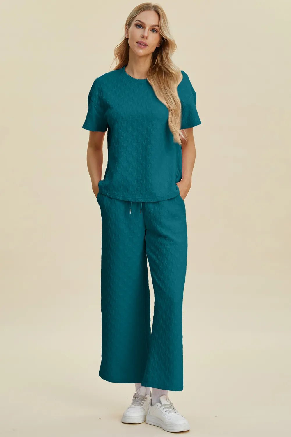 Double Take Full Size Texture Round Neck Short Sleeve Top and Pants Set - MegaSuperStar
