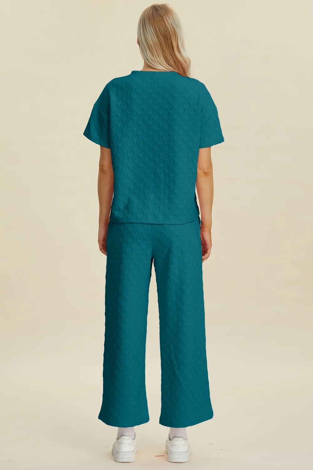 Double Take Full Size Texture Round Neck Short Sleeve Top and Pants Set - MegaSuperStar