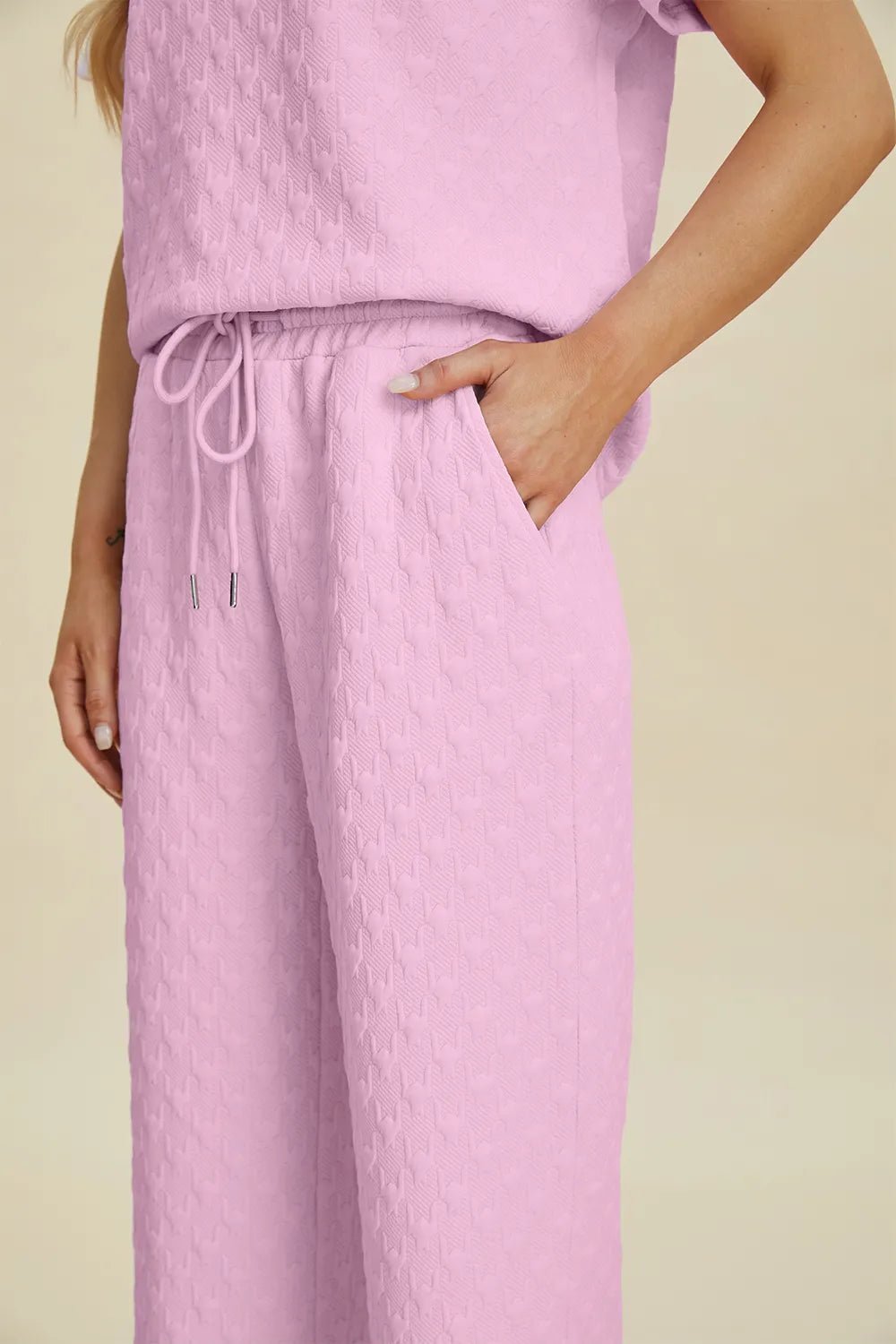 Double Take Full Size Texture Round Neck Short Sleeve Top and Pants Set - MegaSuperStar