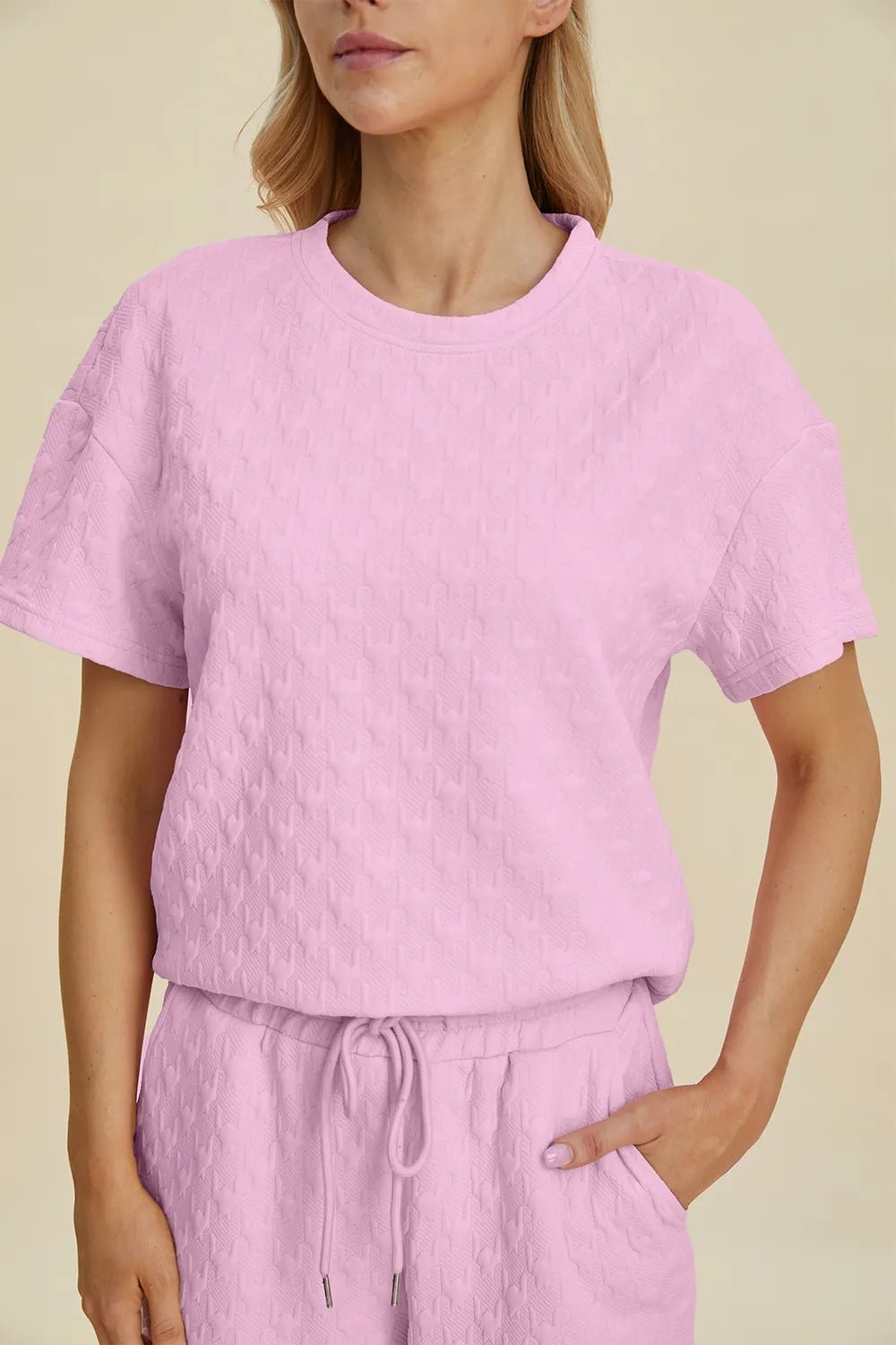 Double Take Full Size Texture Round Neck Short Sleeve Top and Pants Set - MegaSuperStar