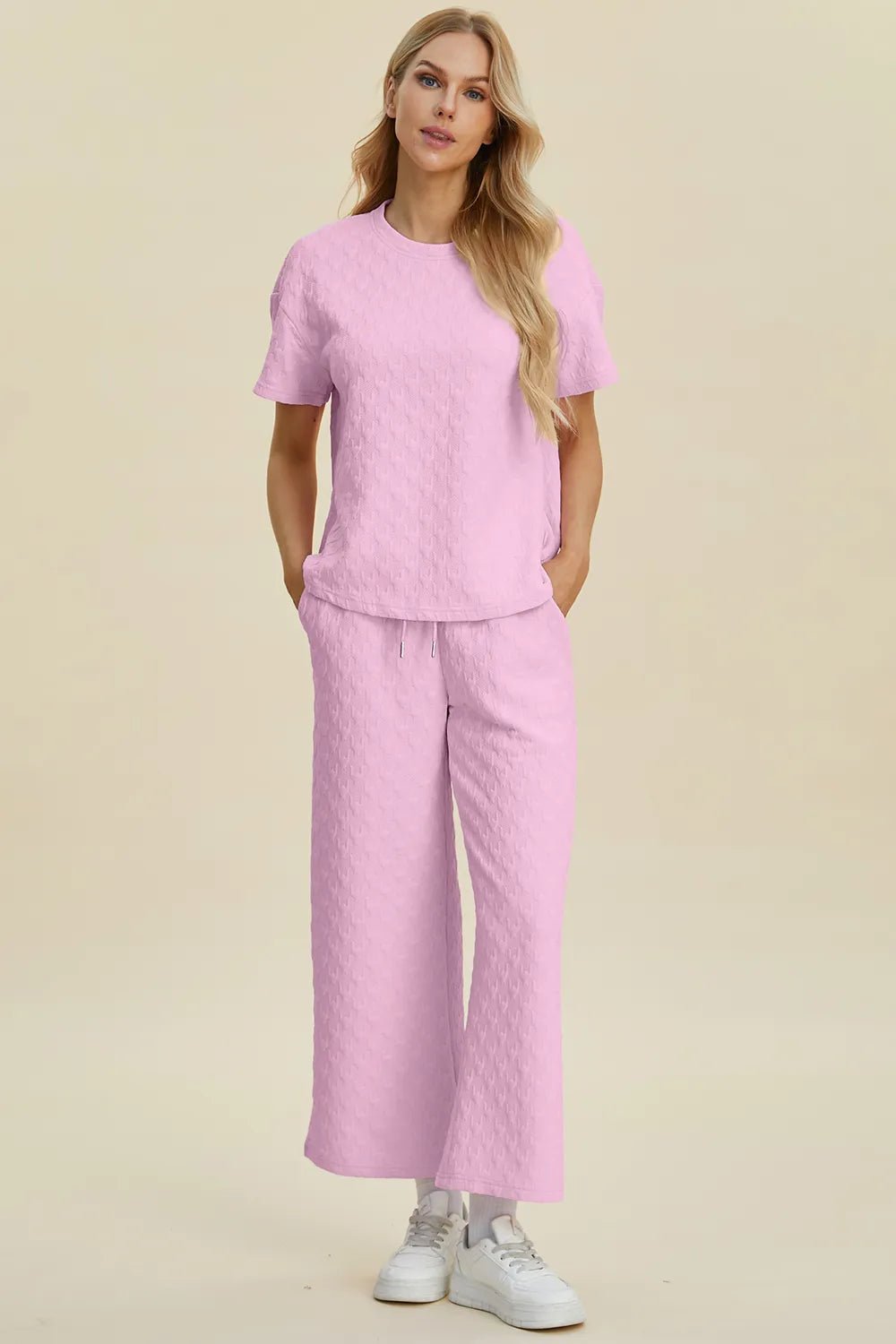 Double Take Full Size Texture Round Neck Short Sleeve Top and Pants Set - MegaSuperStar