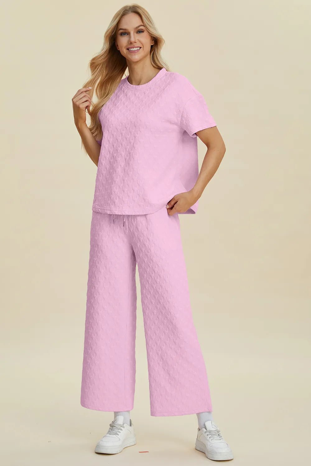 Double Take Full Size Texture Round Neck Short Sleeve Top and Pants Set - MegaSuperStar