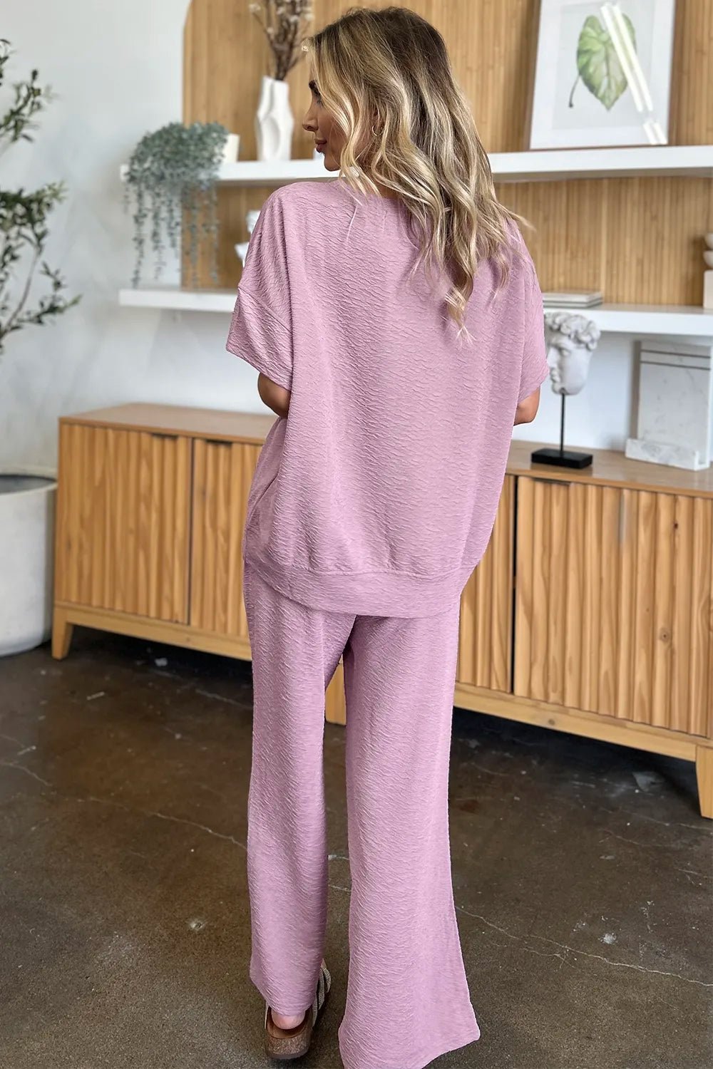 Double Take Full Size Texture Short Sleeve Top and Pants Set - MegaSuperStar
