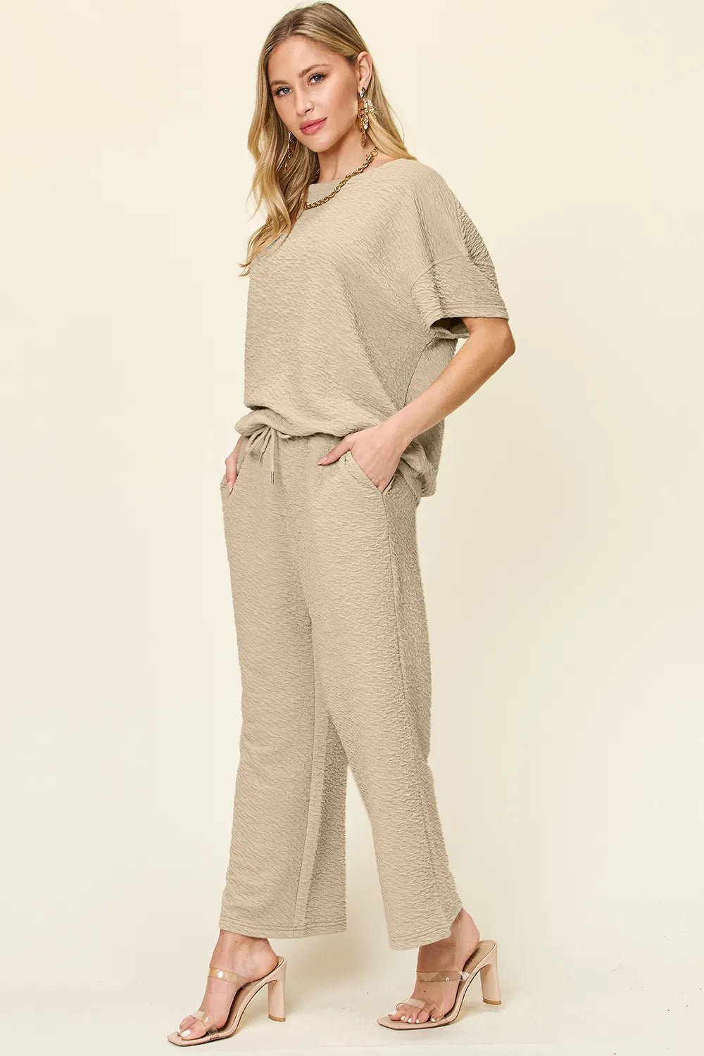 Double Take Full Size Texture Short Sleeve Top and Pants Set - MegaSuperStar