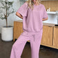 Double Take Full Size Texture Short Sleeve Top and Pants Set - MegaSuperStar