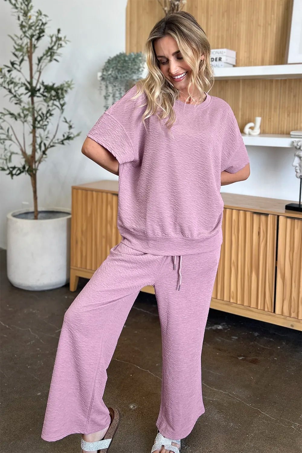 Double Take Full Size Texture Short Sleeve Top and Pants Set - MegaSuperStar