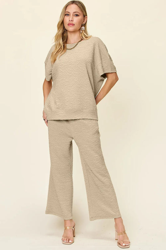 Double Take Full Size Texture Short Sleeve Top and Pants Set - MegaSuperStar