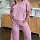 Double Take Full Size Texture Short Sleeve Top and Pants Set - MegaSuperStar
