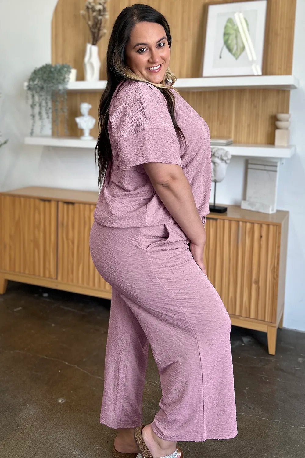 Double Take Full Size Texture Short Sleeve Top and Pants Set - MegaSuperStar