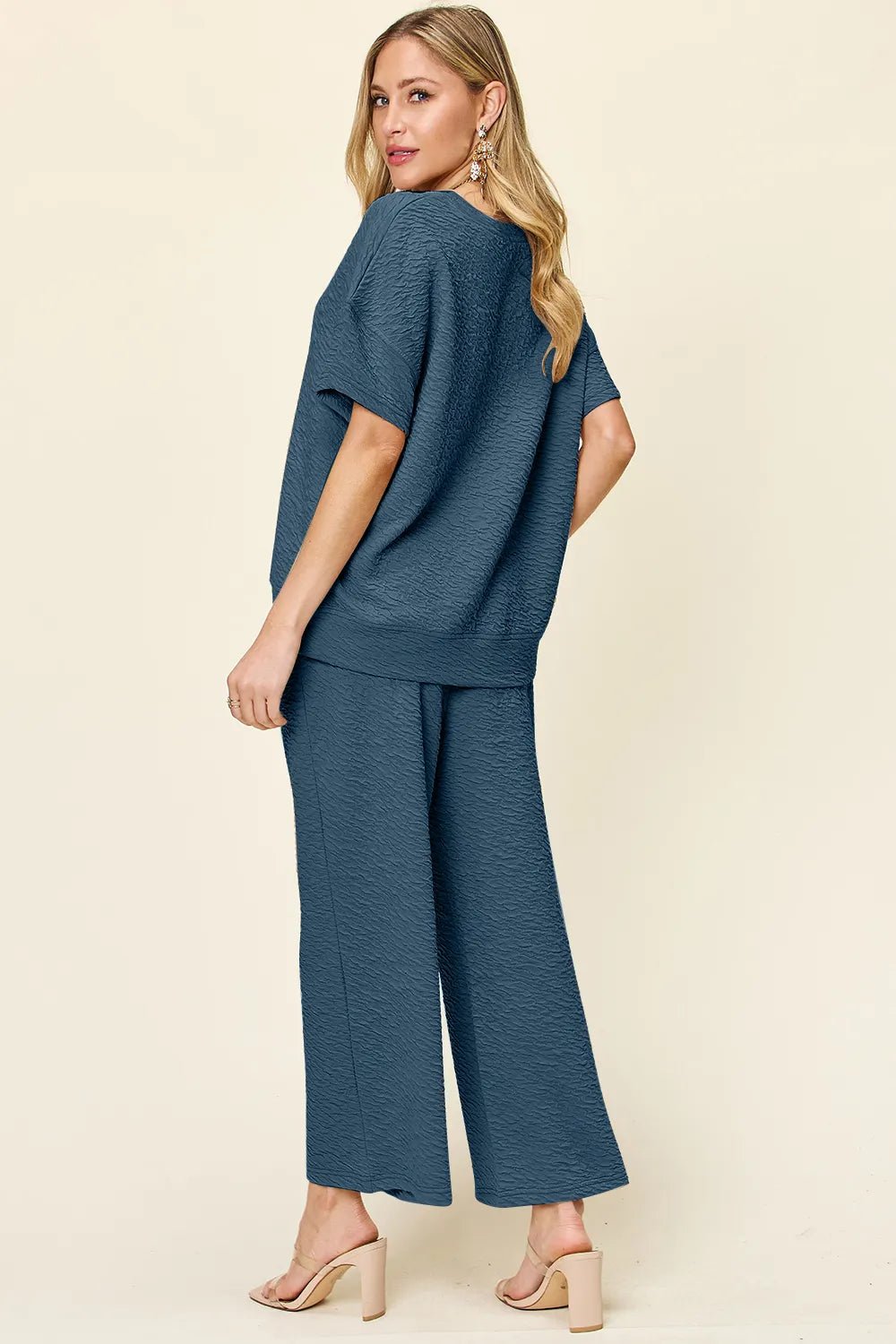 Double Take Full Size Texture Short Sleeve Top and Pants Set - MegaSuperStar