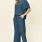 Double Take Full Size Texture Short Sleeve Top and Pants Set - MegaSuperStar