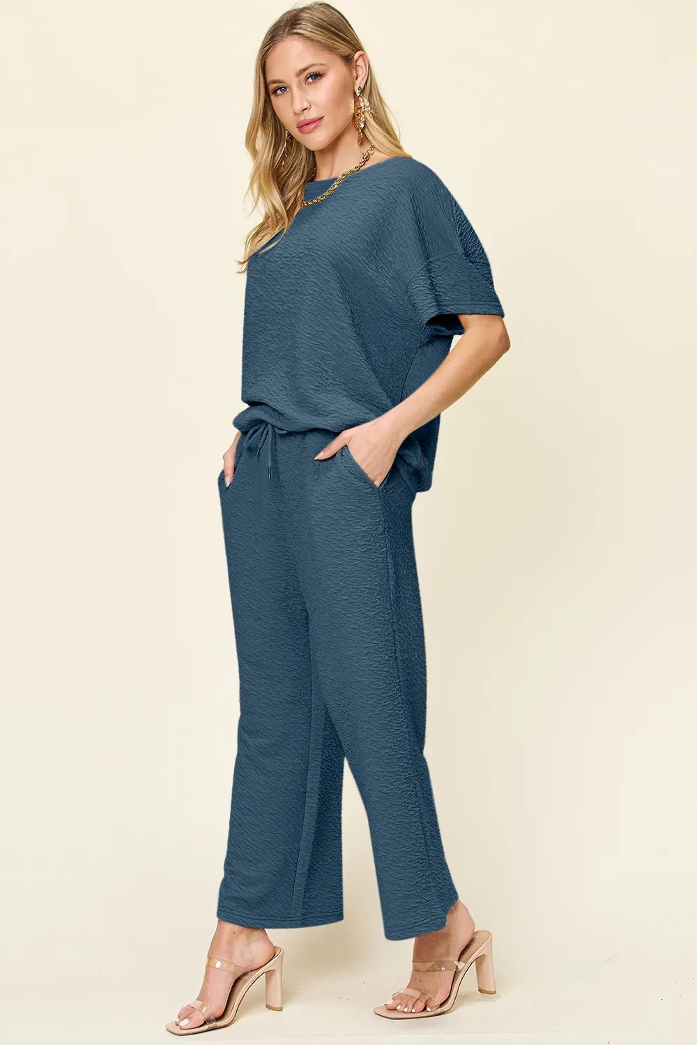 Double Take Full Size Texture Short Sleeve Top and Pants Set - MegaSuperStar