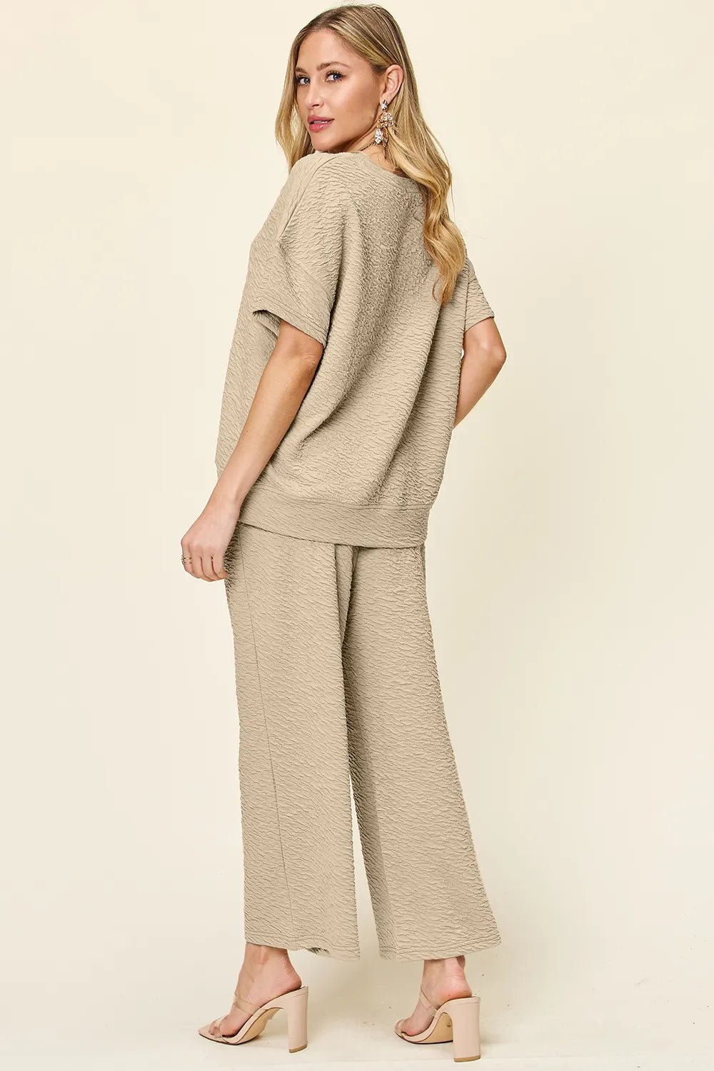 Double Take Full Size Texture Short Sleeve Top and Pants Set - MegaSuperStar