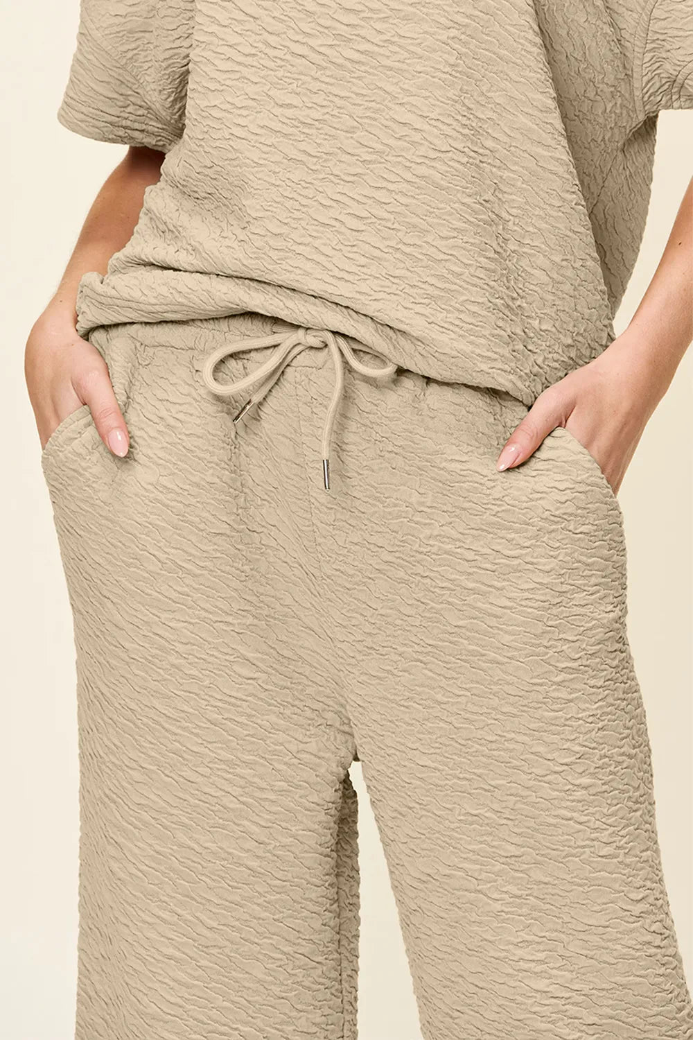 Double Take Full Size Texture Short Sleeve Top and Pants Set - MegaSuperStar