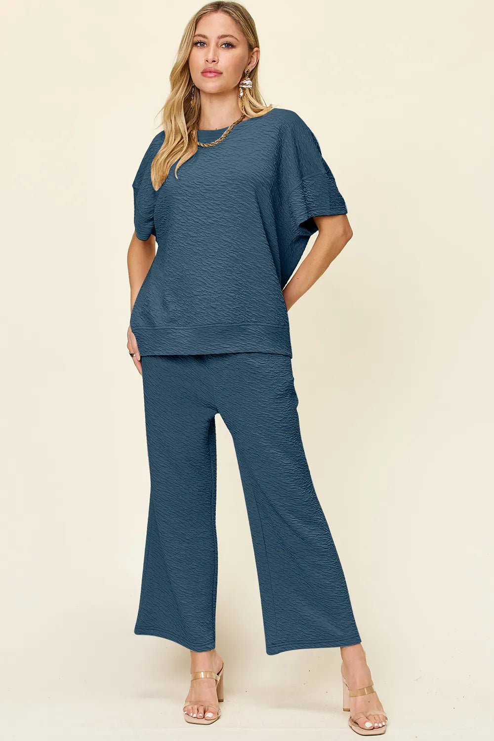 Double Take Full Size Texture Short Sleeve Top and Pants Set - MegaSuperStar