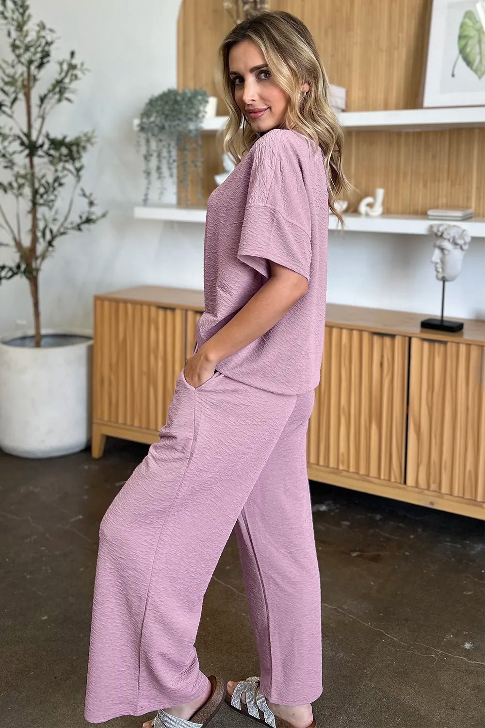 Double Take Full Size Texture Short Sleeve Top and Pants Set - MegaSuperStar