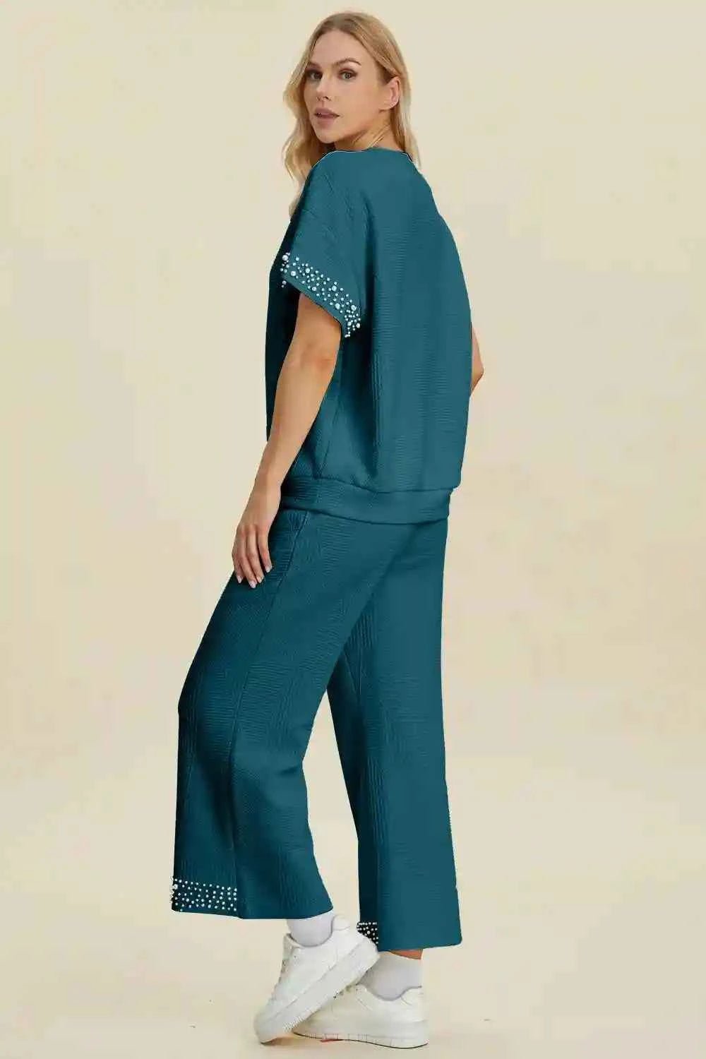 Double Take Pearl Detail Top and Pants Set for Effortless Style - MegaSuperStar