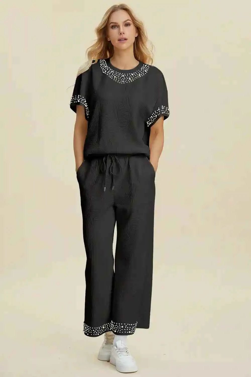 Double Take Pearl Detail Top and Pants Set for Effortless Style - MegaSuperStar
