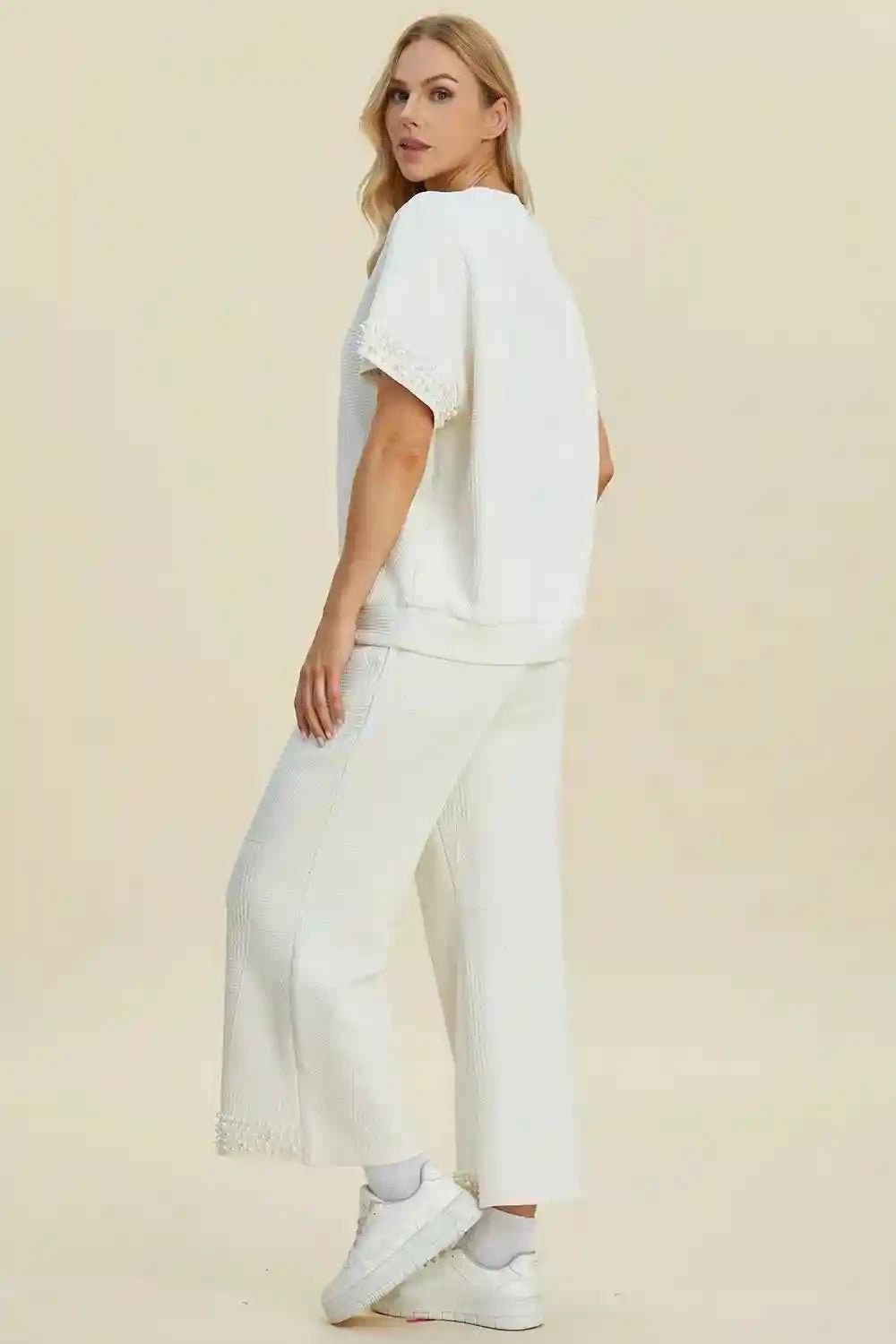 Double Take Pearl Detail Top and Pants Set for Effortless Style - MegaSuperStar