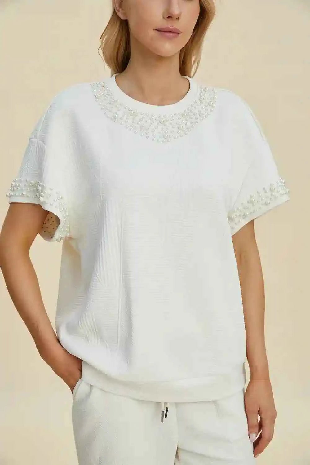 Double Take Pearl Detail Top and Pants Set for Effortless Style - MegaSuperStar