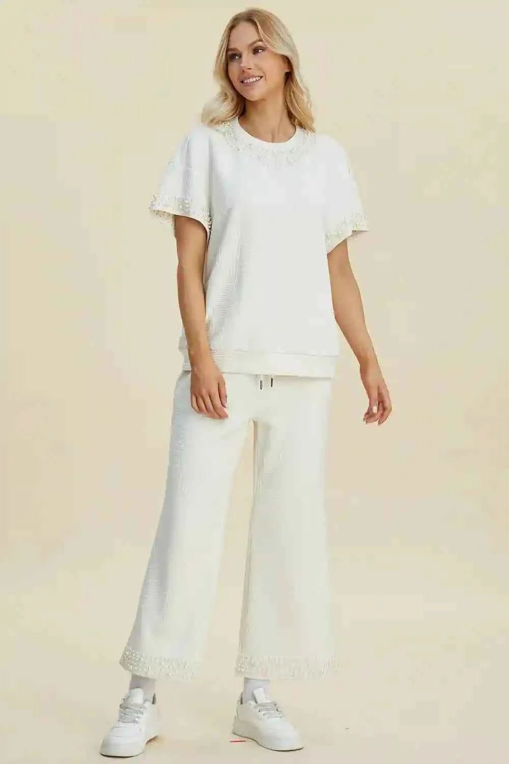 Double Take Pearl Detail Top and Pants Set for Effortless Style - MegaSuperStar