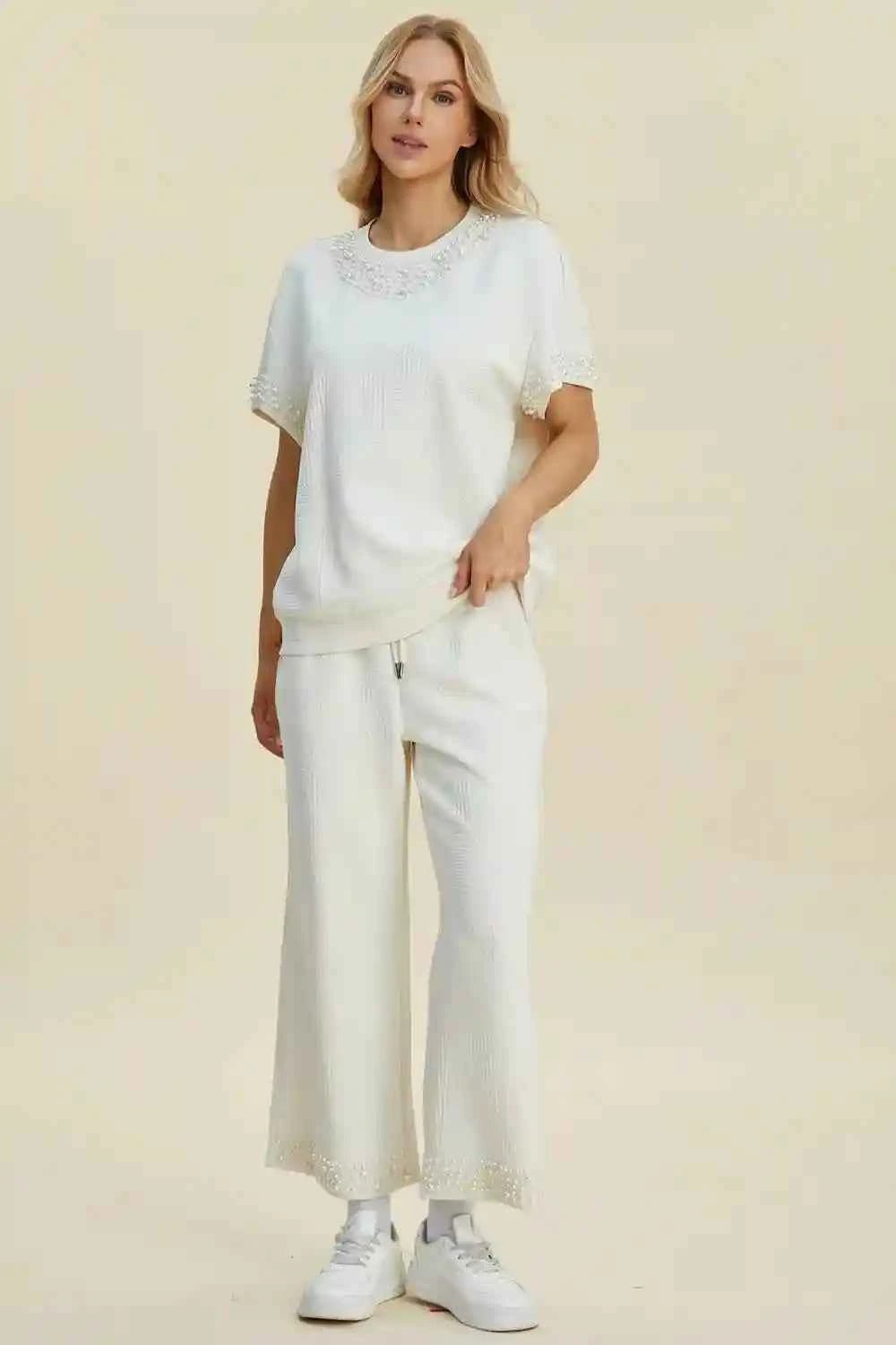 Double Take Pearl Detail Top and Pants Set for Effortless Style - MegaSuperStar