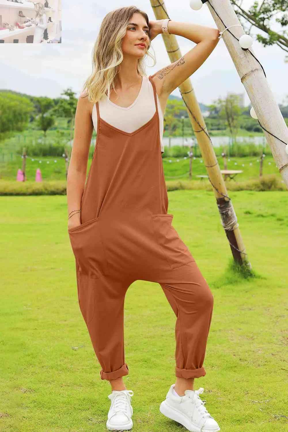 Double Take Sleeveless V - Neck Pocketed Jumpsuit for Effortless Style - MegaSuperStar
