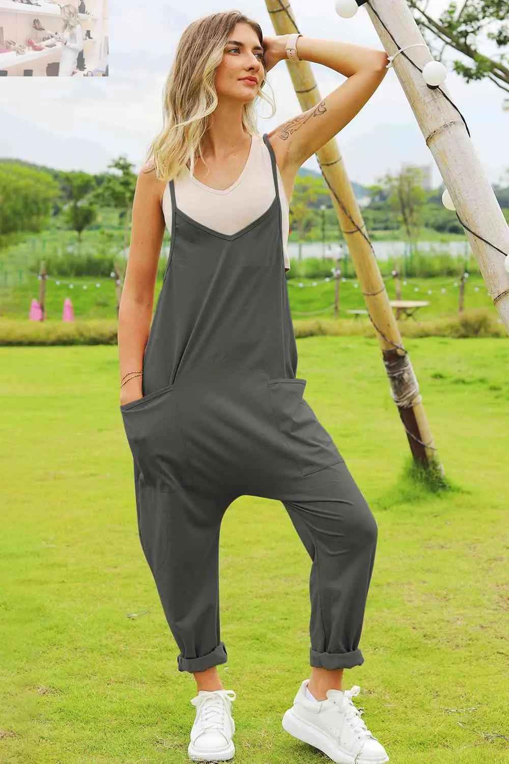 Double Take Sleeveless V - Neck Pocketed Jumpsuit for Effortless Style - MegaSuperStar