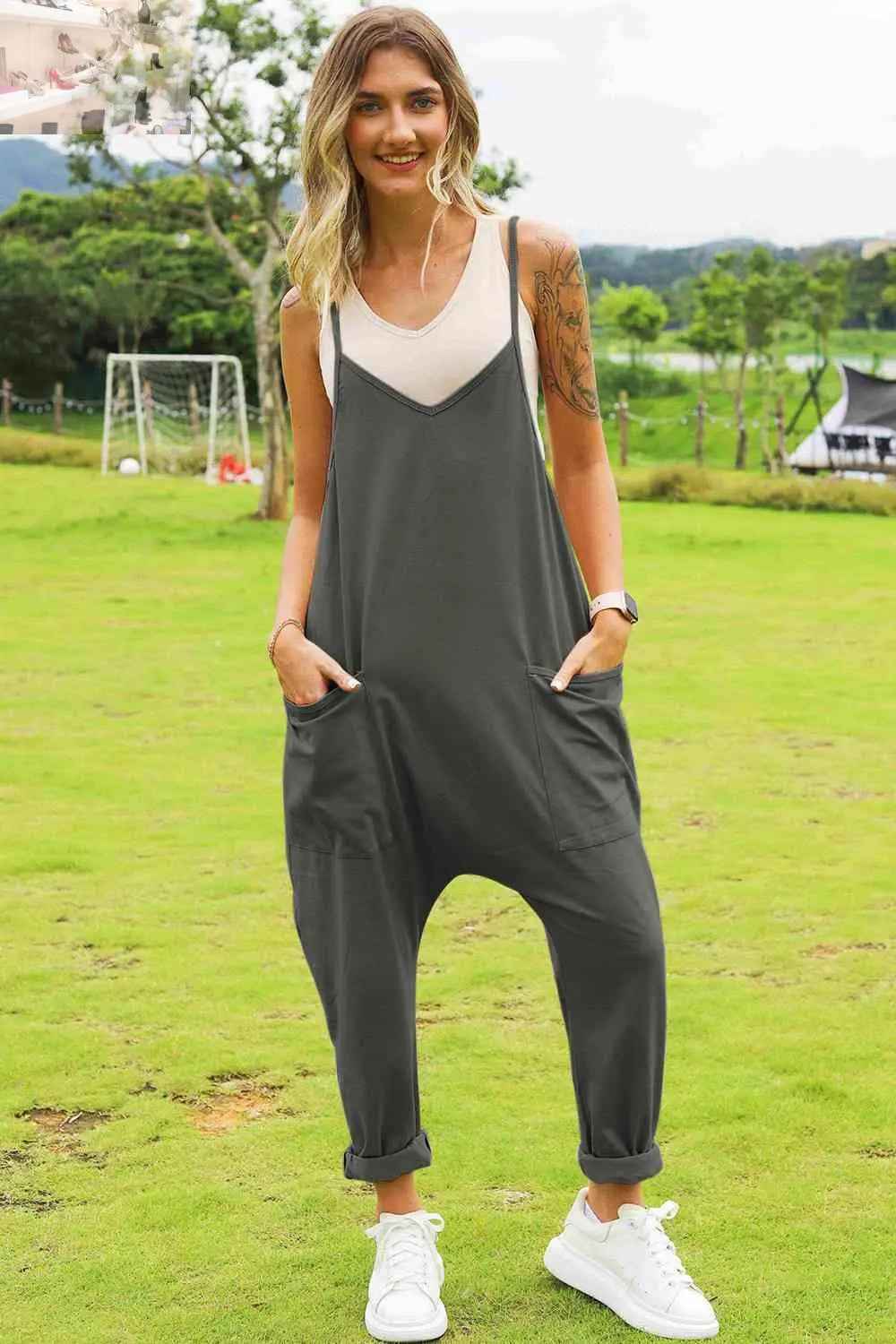 Double Take Sleeveless V - Neck Pocketed Jumpsuit for Effortless Style - MegaSuperStar