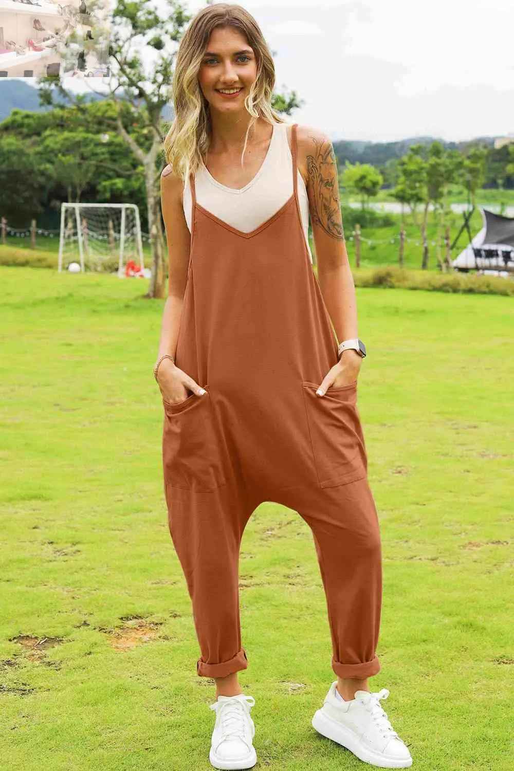 Double Take Sleeveless V - Neck Pocketed Jumpsuit for Effortless Style - MegaSuperStar