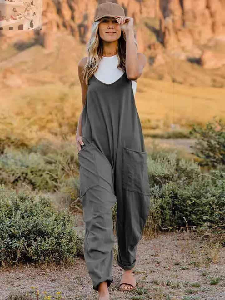 Double Take Sleeveless V - Neck Pocketed Jumpsuit for Effortless Style - MegaSuperStar