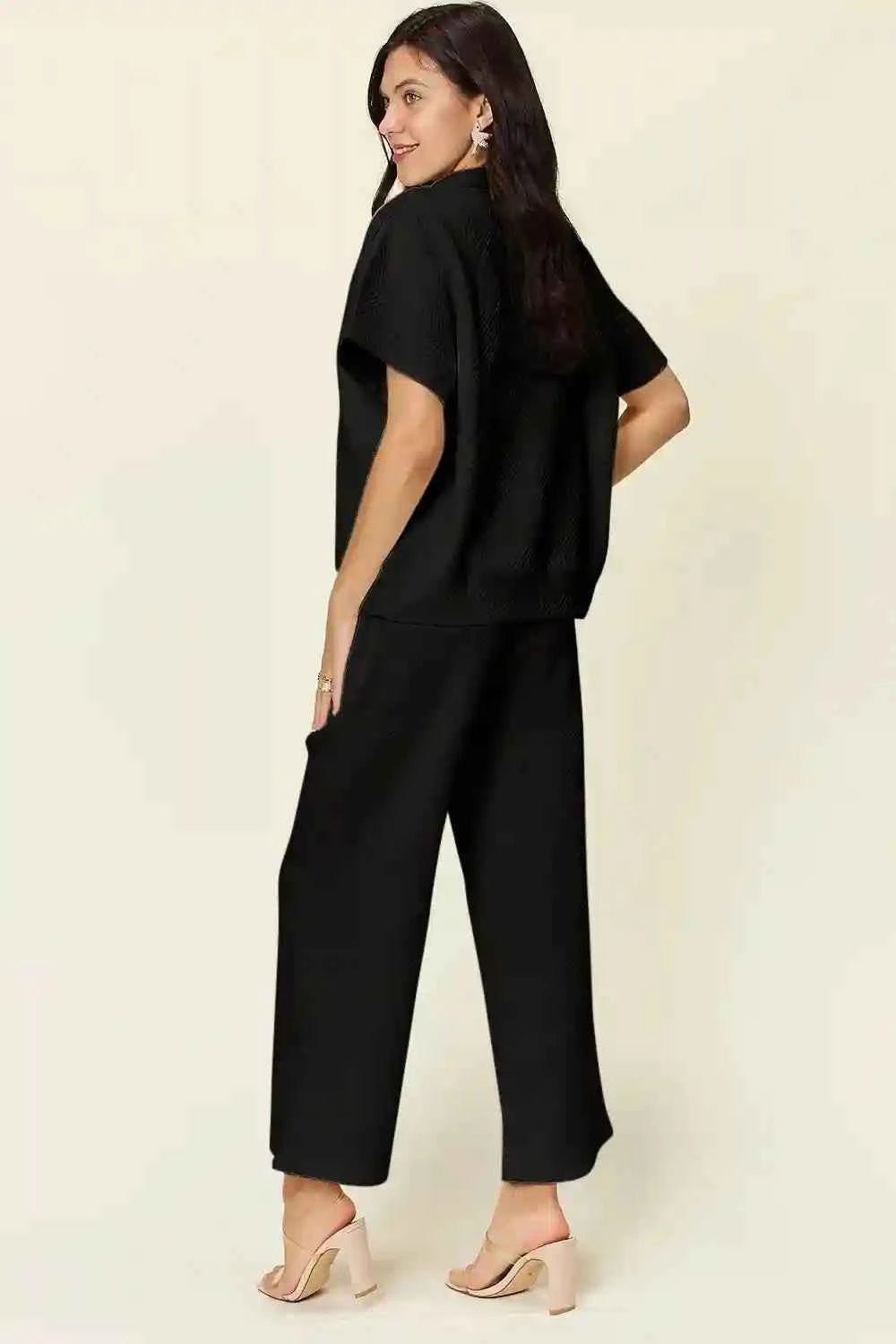 Double Take Texture Half Zip Set: Collared Neck Short Sleeve Top and Pants for Effortless Style - MegaSuperStar