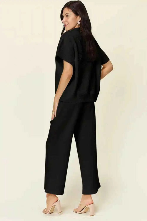 Customer styling 💕 Double Take Texture Half Zip Set: Collared Neck Short Sleeve Top and Pants for Effortless Style 💕