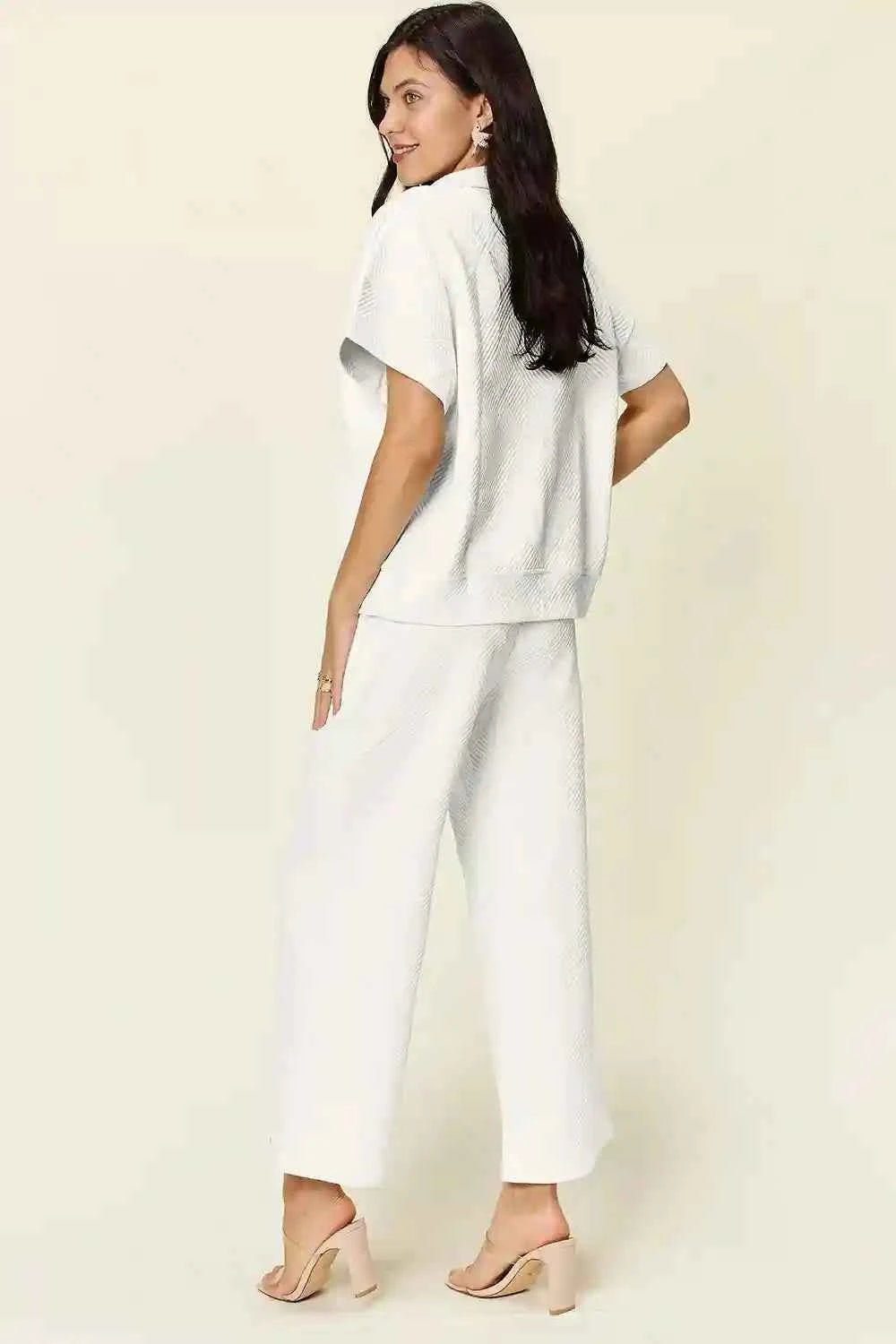 Double Take Texture Half Zip Set: Collared Neck Short Sleeve Top and Pants for Effortless Style - MegaSuperStar