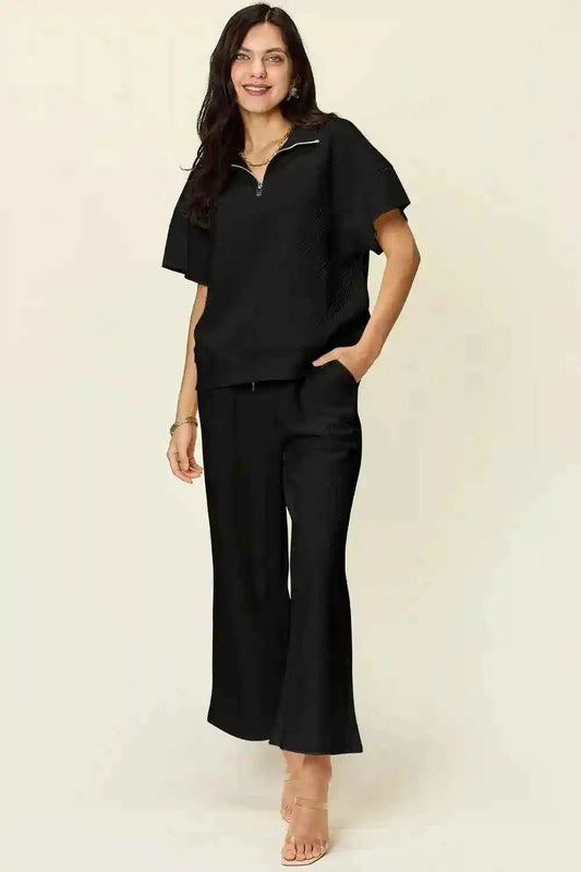 Double Take Texture Half Zip Set: Collared Neck Short Sleeve Top and Pants for Effortless Style - MegaSuperStar