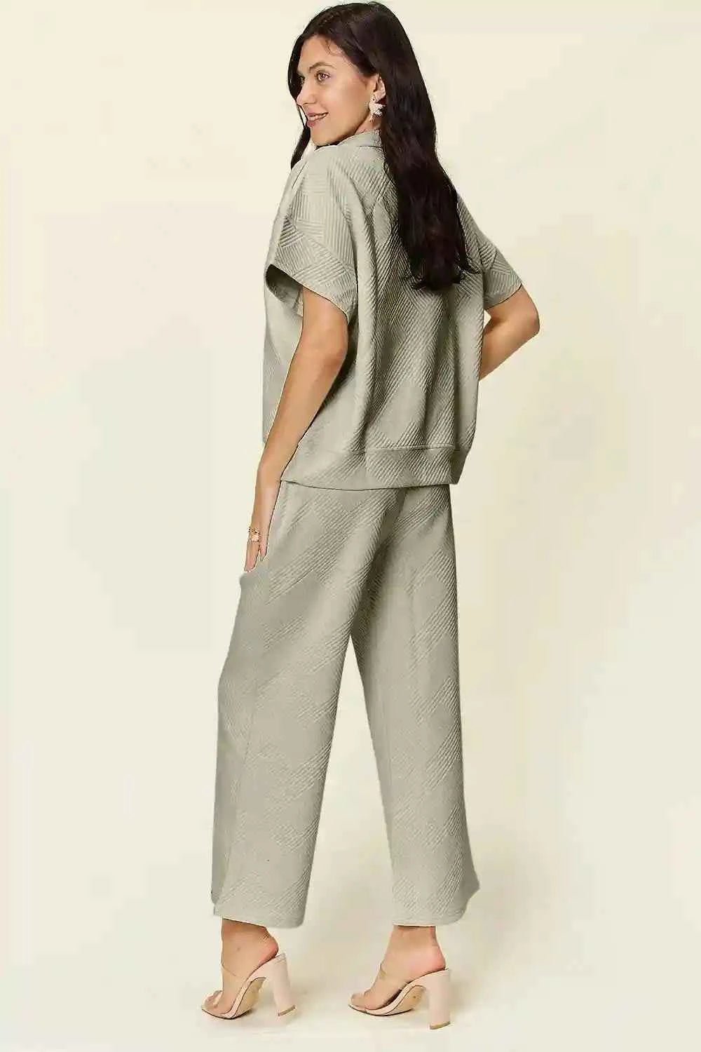 Double Take Texture Half Zip Set: Collared Neck Short Sleeve Top and Pants for Effortless Style - MegaSuperStar