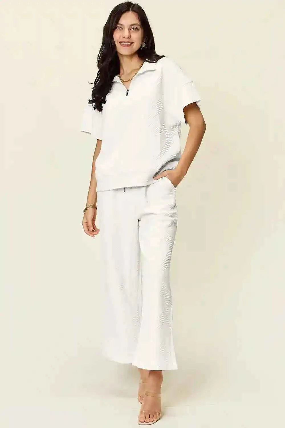 Double Take Texture Half Zip Set: Collared Neck Short Sleeve Top and Pants for Effortless Style - MegaSuperStar