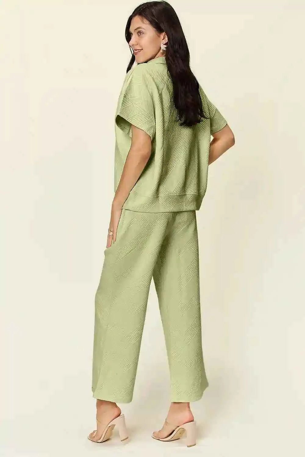 Double Take Texture Half Zip Set: Collared Neck Short Sleeve Top and Pants for Effortless Style - MegaSuperStar