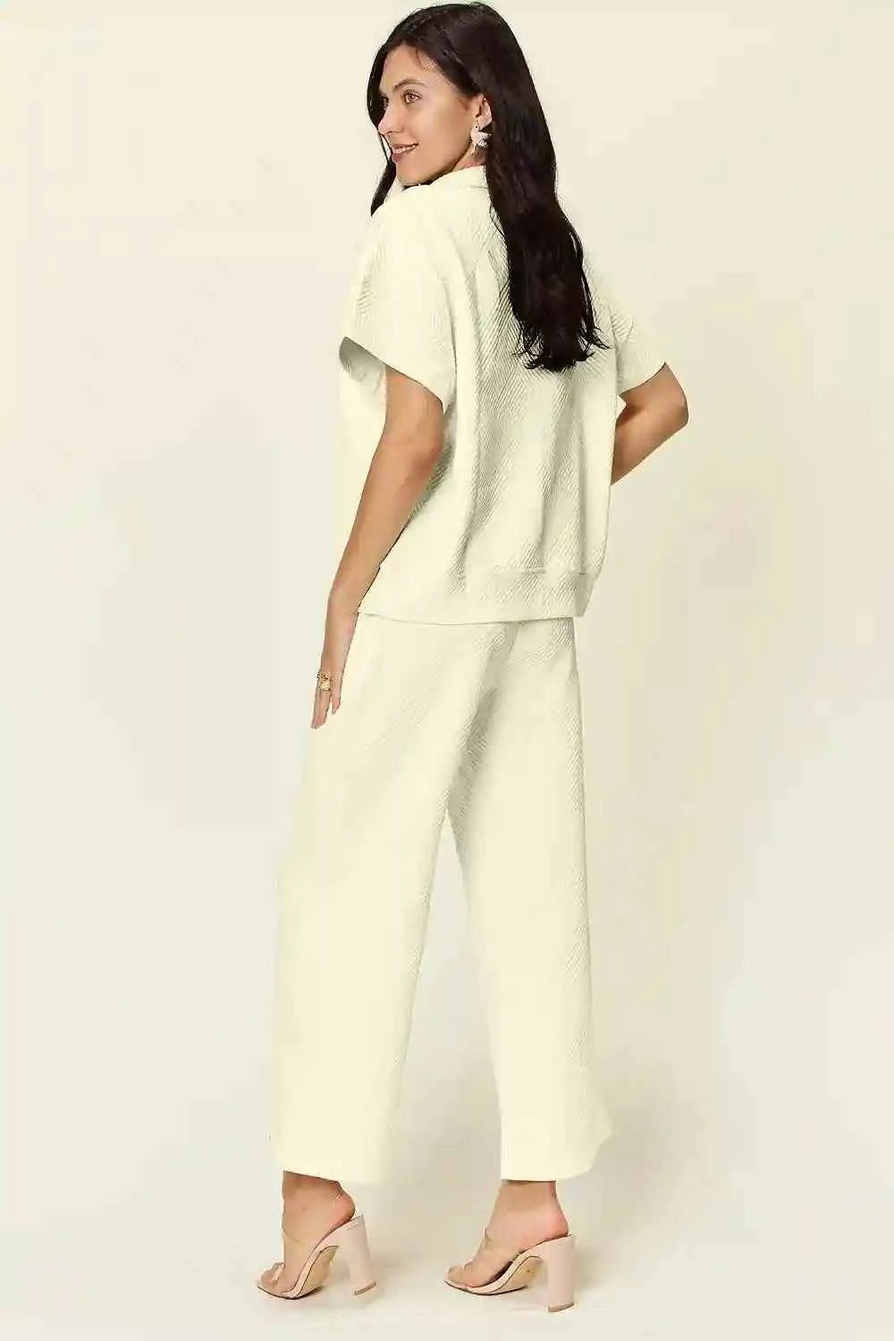 Double Take Texture Half Zip Set: Collared Neck Short Sleeve Top and Pants for Effortless Style - MegaSuperStar