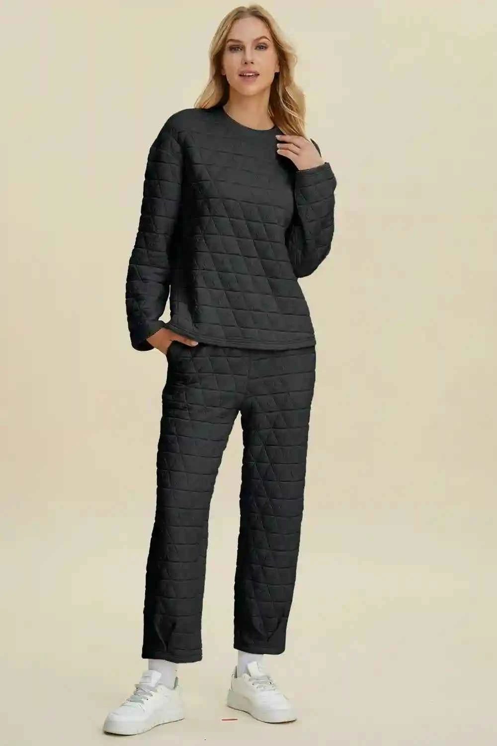 Double Take Texture Outfit - Full Size Round Neck Long Sleeve Top and Pants Set - MegaSuperStar
