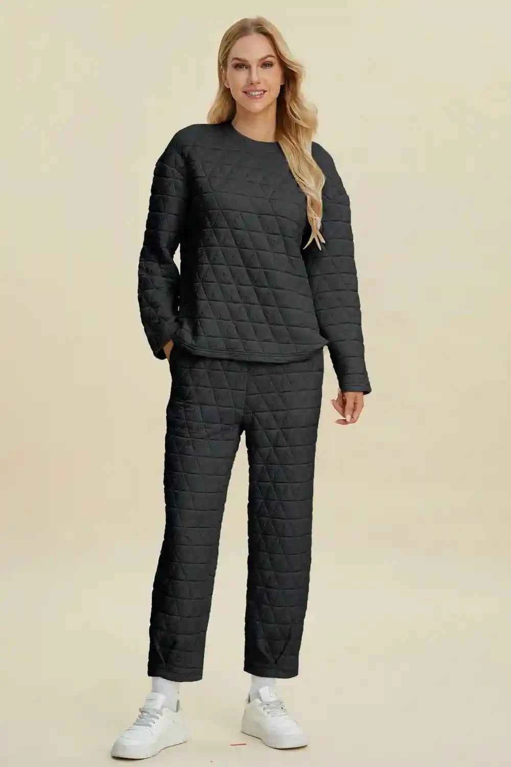 Double Take Texture Outfit - Full Size Round Neck Long Sleeve Top and Pants Set - MegaSuperStar