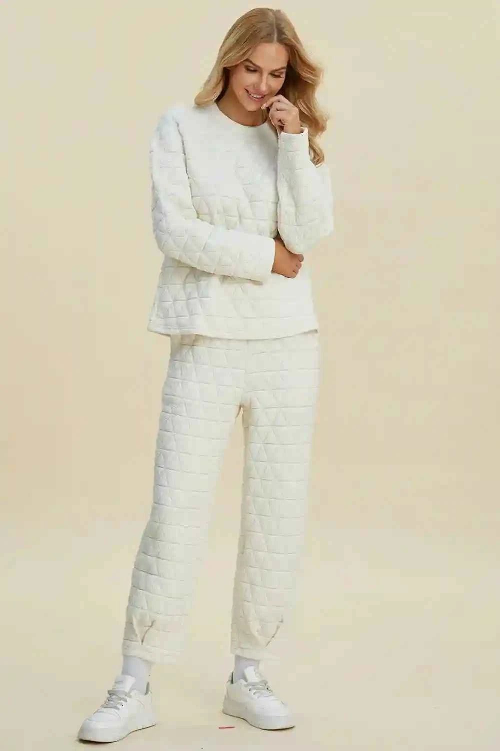 Double Take Texture Outfit - Full Size Round Neck Long Sleeve Top and Pants Set - MegaSuperStar