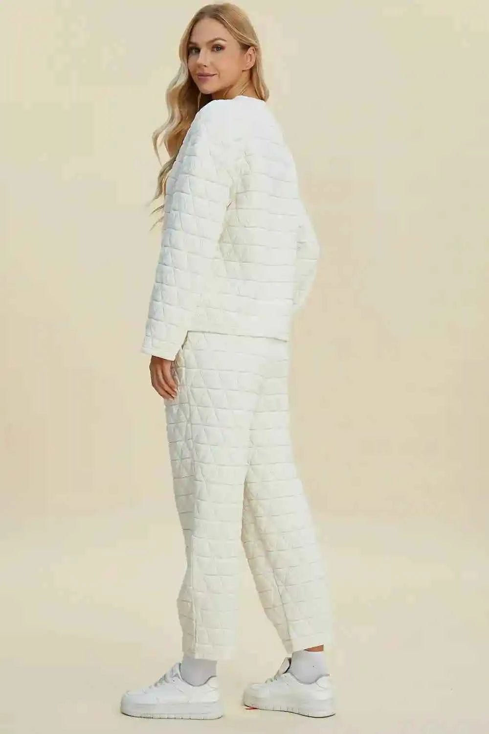 Double Take Texture Outfit - Full Size Round Neck Long Sleeve Top and Pants Set - MegaSuperStar