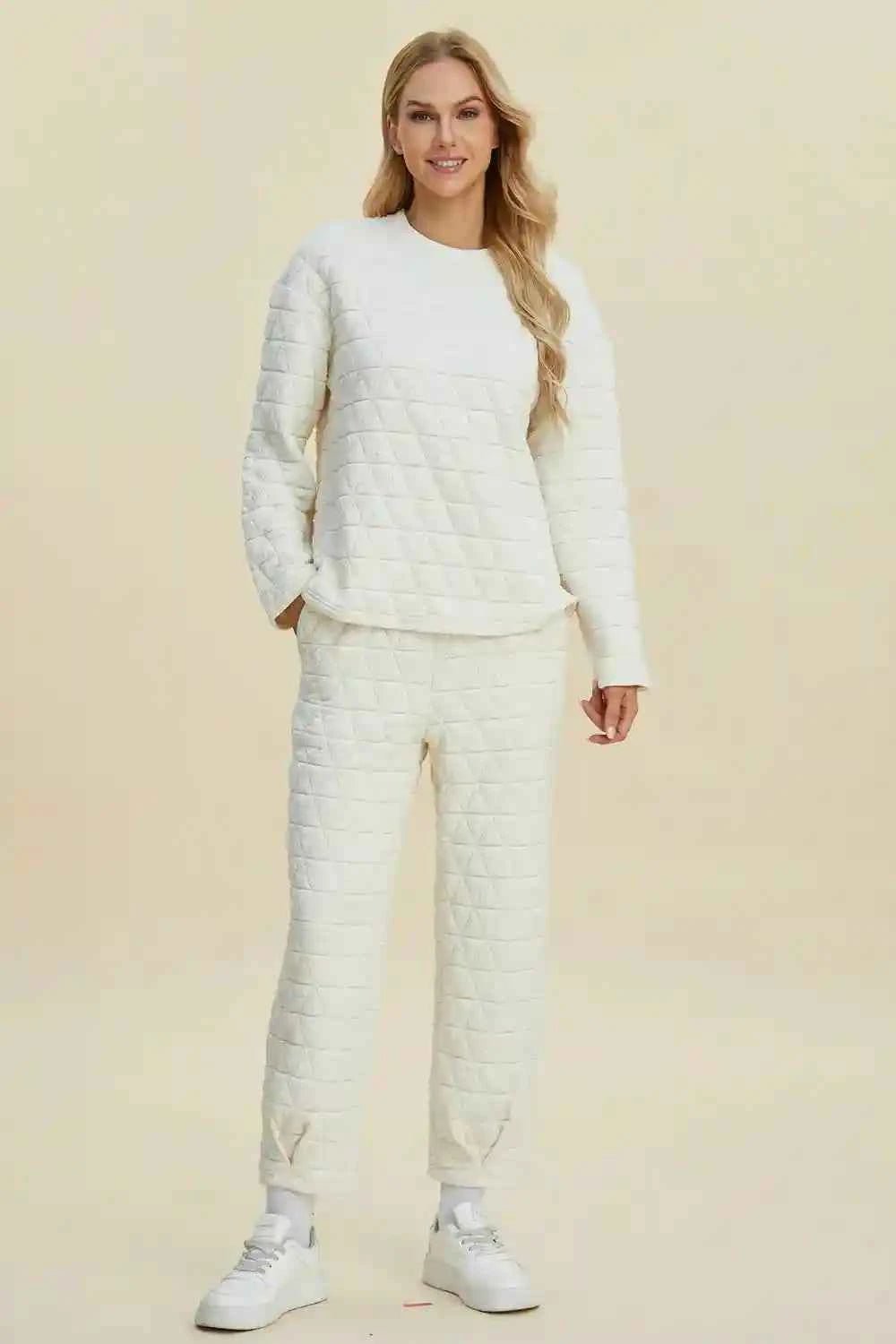 Double Take Texture Outfit - Full Size Round Neck Long Sleeve Top and Pants Set - MegaSuperStar